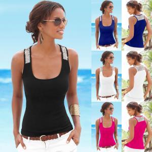 Shiny beads stitching tank vest top sequin Women Casual sleeveless square neck lady top Slim home outdoor sport clothes FFA1567