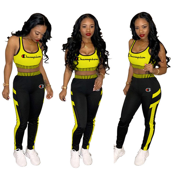 Women Champion Bra Tracksuit Sleeveless Bras Vest + Pants 2 Piece Set Summer Outfits Embroidered Sportswear Crop Top Sports Suit GYM A42906