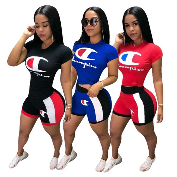 Women Color Block Tracksuit Champions Letter Print Shorts Outfit Short Sleeve T Shirt + Shorts pants 2Pcs Set Designer Jogging Suit A43006