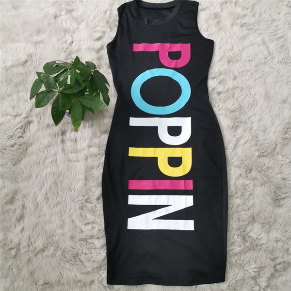 Summer POPPIN Letters Print Dresses Women Black Sexy Silm Sleeveless Vest O Neck Knee Length Skirt Bodycon Dress Clubwear S-XXL C41705