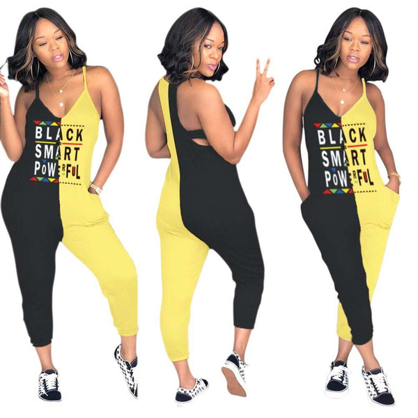 women black smart letter jumpsuit two-color stitching spaghetti strap sleeveless v-neck leggings sexy long rompers pants S-3XL 2019