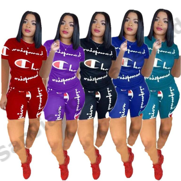 Women Champions Letter Shorts Set Summer Tracksuit Short Sleeve T-shirt Top + Shorts Pants 2 Piece Joggers Set NEW Outfit S-2XL New A3162