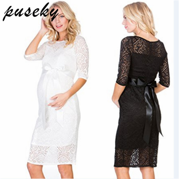 Puseky  Lace EleMaternity Officia Dress Half Sleeve O-Neck Two Layers Maternity Dress for Pregnancy Evening Party Dress