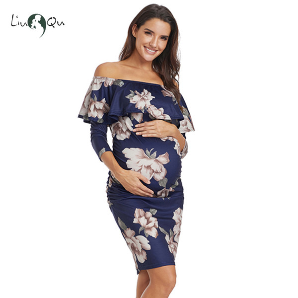 Ruffle Off Shoulder Maternity Dresses Pregnant Women Dress Ruffles Pregnancy Clothes Ruched Sides Knee Length Bodycon Dresses