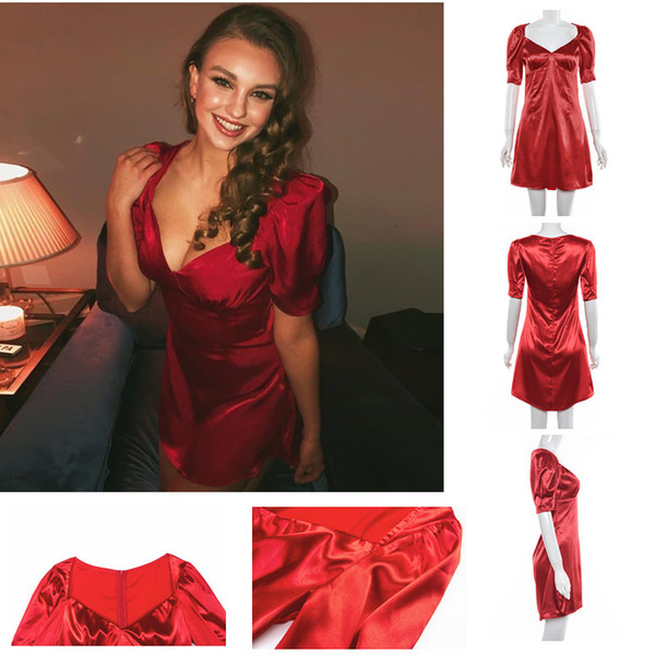 1PCS Sales New Style Women's Red Princess Sleeves V-neck Sexy Slim Temperament Fashion Dress Webcelebrity Same Paragraph Star Style