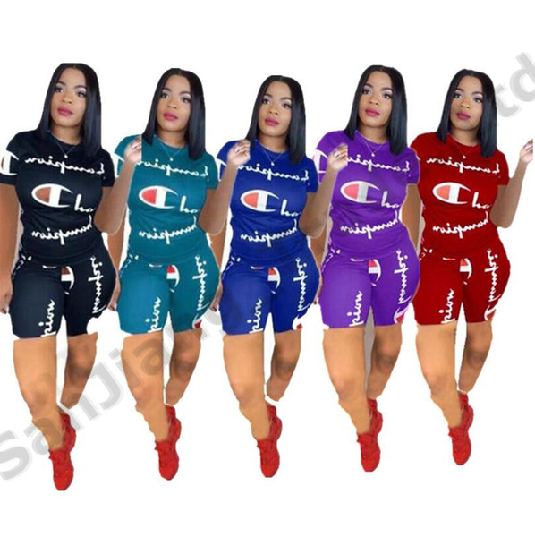 S-3XL Women Champions Shorts Set Tracksuit Summer Short Sleeve T Shirt Shorts Pants 2 Piece Outfit Letter Print Sportswear Joggers hot A425