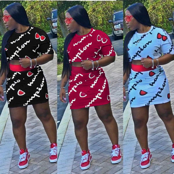 Women Champions Letter Print Summer Outfit Short Sleeve T-shirt + Above Knee Skirt Dress 2 piece Set Brand Tracksuit Sportsuit 2xl