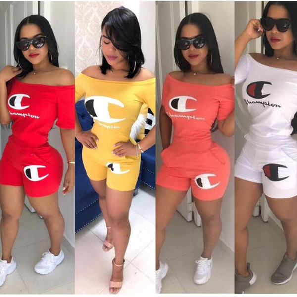 Women Champions Shorts Set Tracksuit Flat Off Shoulder T Shirt + Pocket Shorts 2 Piece Set Summer Sportswear Joggers Casual Outfit C41601