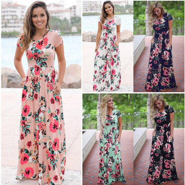 Women Floral Print Short Sleeve Boho Dress Evening Gown Party Long Maxi Dress Summer Sundress 5 Styles OOA3238