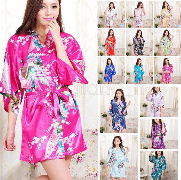 14 Colors Silk Satin Floral Robe Women Kimono Short Sleepwear Print Wedding Bride Bridesmaid Silk stain Floral Bathrobe AAA588 12pcs