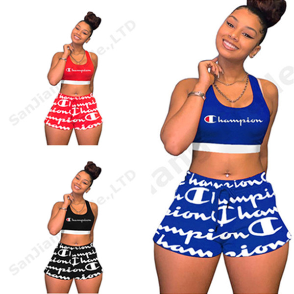 Women Champions Letter Print Crop Tank Shorts 2 Piece Tracksuit Summer Outfit Sleeveless Sportswear Yoga Joggers Set Sports Suit Cloth C3261