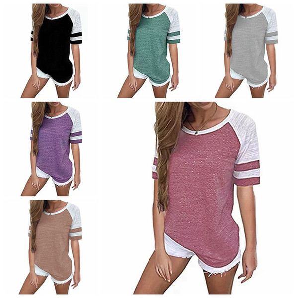 Women Striped Splicing Baseball Tshirt Summer Fashion Casual O Neck Loose Top Tee All Matched T Shirt Plus Size
