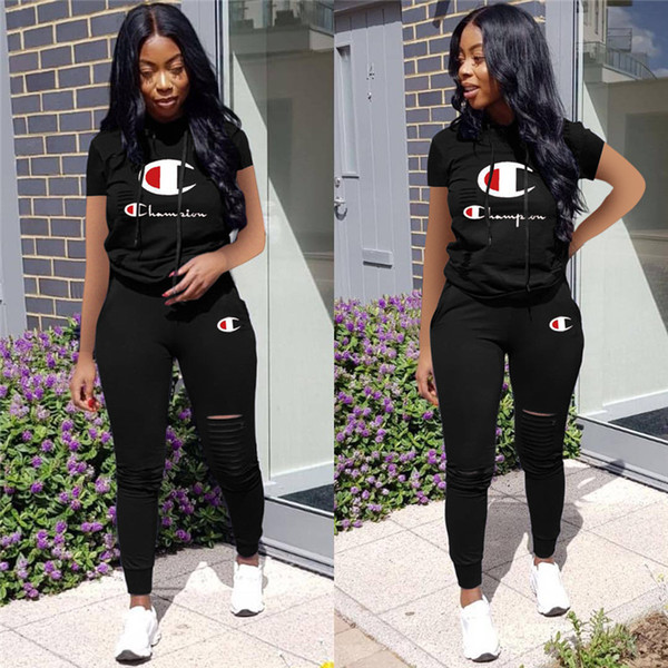 Women Champions Letter Summer Tracksuit Short Sleeve Hooded T-shirt + Ripple Holes Pants Leggings 2 Piece Sports Suit Brand Outfit new A3133