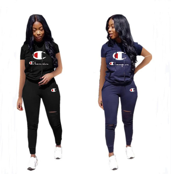 Women Champions Letter Summer Tracksuit Short Sleeve Hooded T-shirt + Ripple Holes Pants Leggings 2 Piece Sports Suit Brand Outfit 2xl A3133