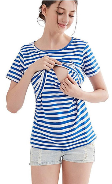 2018 Cotton Fashion Summer Monther Breastfeeding Nursing O-Neck Tops Mother Clothes Striped Print T-shirt Yellow Grey Green Blue