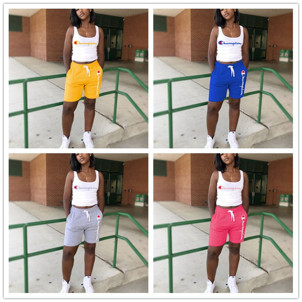 S-3XL Women Champions Vest Tracksuit Sleeveless T Shirt Tank Tops + Shorts 2 Piece Sportswear Summer Outfits Sports Clothing Suits Hot A4801