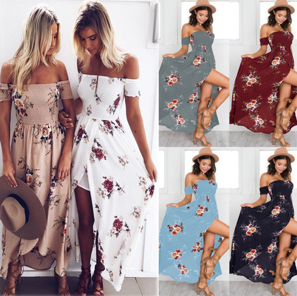 Boho Style Long Dress Plus Size S-5XL Women Off Shoulder Beach Summer Lady Dresses Floral Print Vintage Chiffon Maxi Dress Vestidos z290