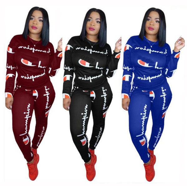 Women Champions Letter Print Tracksuit Long Sleeve T Shirt Top + Pants Leggings 2PCS Set Jogger Outfits Sportswear Clothes Suit S-3XL