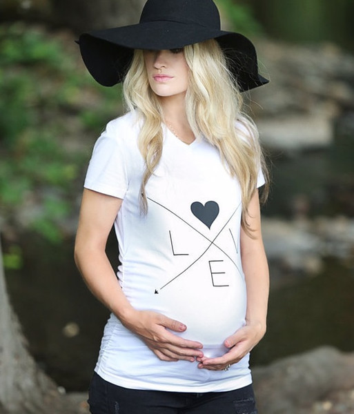 Maternity T shirt White Tees Pregnant Women clothing Letters LOVE Arrow V-neck Simple All-matched 2018 Summer Cotton