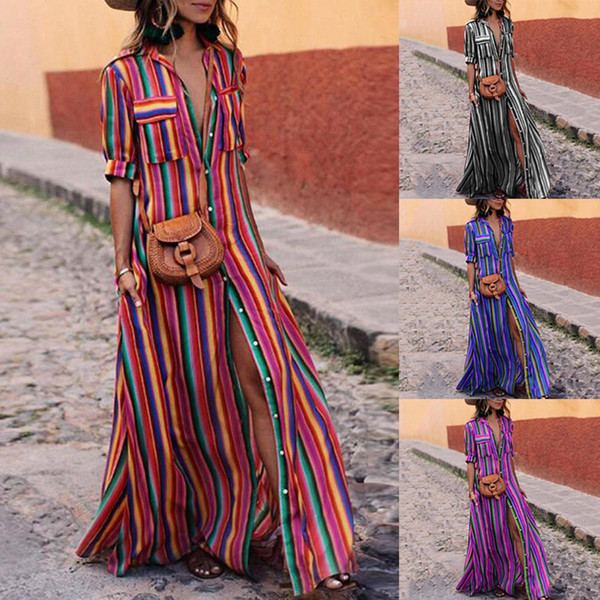 Button Short Sleeve Dress Woman Skirt Printing Color Stripe Long Skirt Round Neck Polyester Conventional Sleeve 28