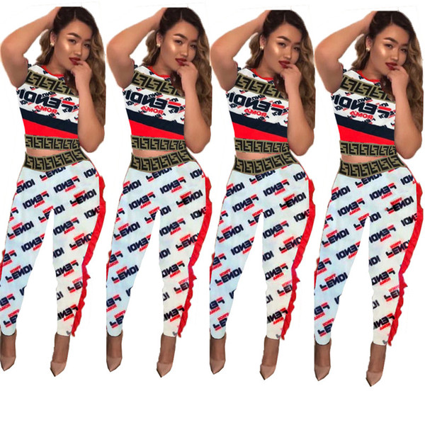 Women Corrugated Lace Tracksuit F Letters Short Sleeve Crop Tops + Pants 2 Piece Set Trendy Fashion Street Suit Club Party Outfits C5803