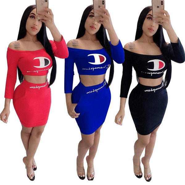 Women Champions Print Short Dress Tracksuit Summer Off-shoulder T Shirt Tight Skirt 2Piece Set Fashion Bodycon Dress Outfit Sportswear A5601