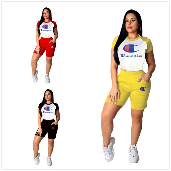 Women Champions Raglan Tracksuit Short Sleeve Polo T shirts + Shorts 2pcs/set Sportswear Summer Stitching Color Outfits Jogger Suit A4903