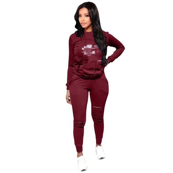 Women Brand Sport Tracksuit Pullover Hoodie + Pants 2 Piece Set Outfit Hollow Out C letters Solid Color Casual Sweat Suit Sweatsuits Clothes