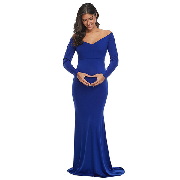 Maternity Dress Recycled Fiber Solid Color Long Sleeve Sweet Slim Fit V-neck Shoulder Mopping Fishtail Skirt 50