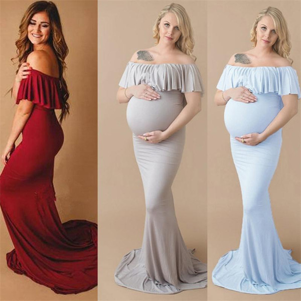 Summer Pregnant Women Long Dress For Photography Props Sheath Ruffle Collar Off Shoulder Sleeveless Dress Maxi Maternity Dress