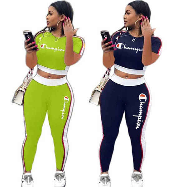 Champions women t-shirt leggings tracksuit short sleeve shirt pants 2 piece set outfits pullover tights sportswear sweatsuit jogger suit 001