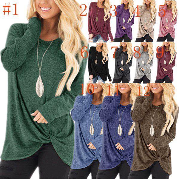 New Style 12 Colors Women Long-sleeved Round Neck T-shirts 2018 Hot Sale New Twist Knot Shirts CW1809182