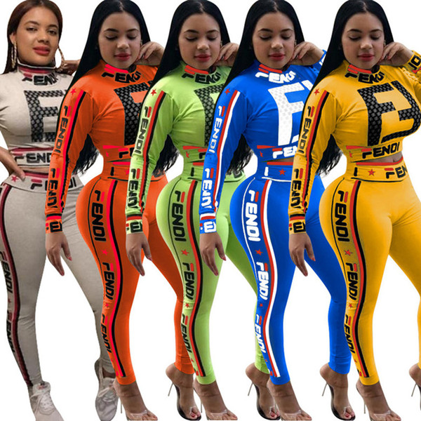 S-3XL Women F Letter Tracksuit Long Sleeve Crop Hoodie T-shirt + Pants Leggings 2 piece Sports Suit Sportswear Joggers Set Club Party A3192