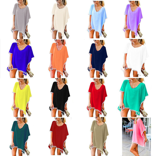 New Fashion Chiffon Tassel Dresses Women Summer T-shirt Beach Dress Short Sleeve Casual Mini Dress shirt blouse Women smock C6463