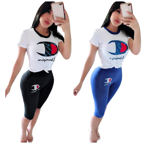 Champions Letter Women Summer Casual Tracksuit Designer Clothes Set Outfits Short Sleeves T-shirt+Middle Trousers Leggings 2Pcs Suit C41602