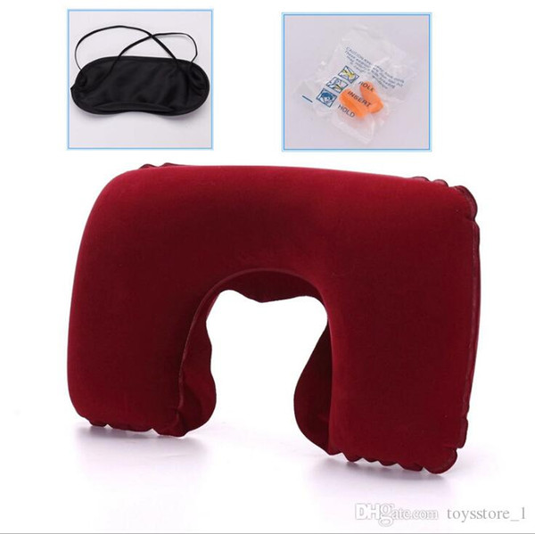 Inflatable Outdoor Car Pillow Travel Sambo Flocking Inflatable U-Pillow Car Travel Soundproof Earplugs Hood Eyewear Three-piece Set