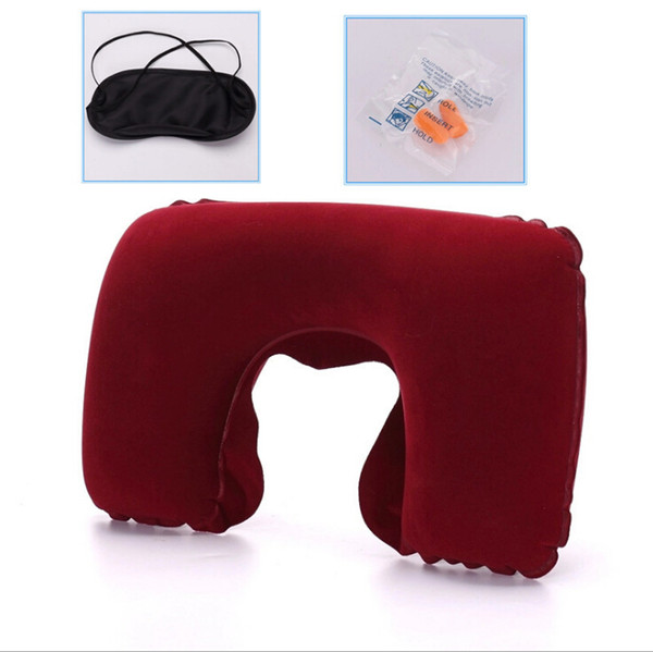 Travel Pillow Outdoor Travel Sambo PVC Flocking Inflatable U-Pillow Car Travel Soundproof Earplugs Hood Eyewear Three-piece Set