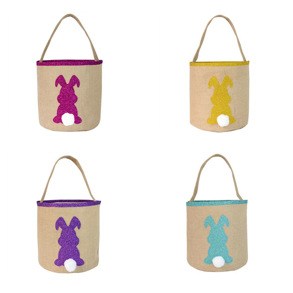 Free DHL Happy Easter Burlap Bunny bags Easter Basket Bunny Buckets Easter Tote Bags with Rabbit Tail Kids Gift