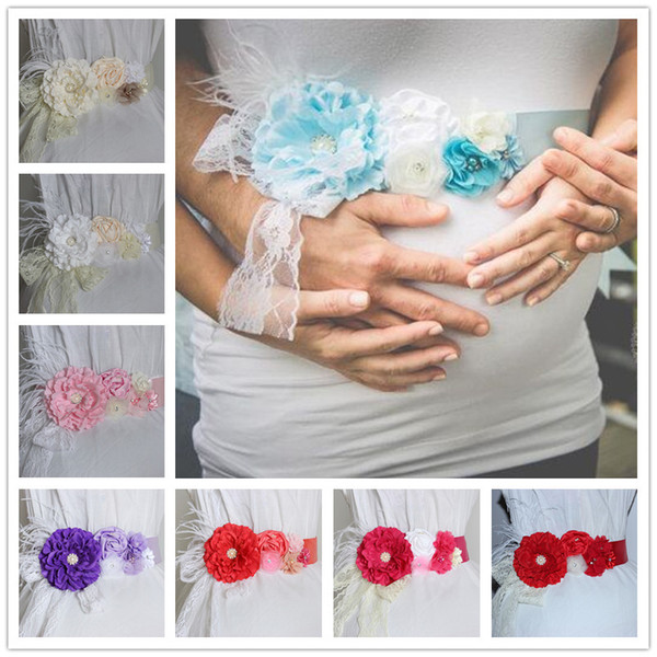 8 colors Maternity Sash 5cmx2m flower rhinestone imitation pearls feather lace decro ribbon belt Pregnant woman Maternity Photos Prop