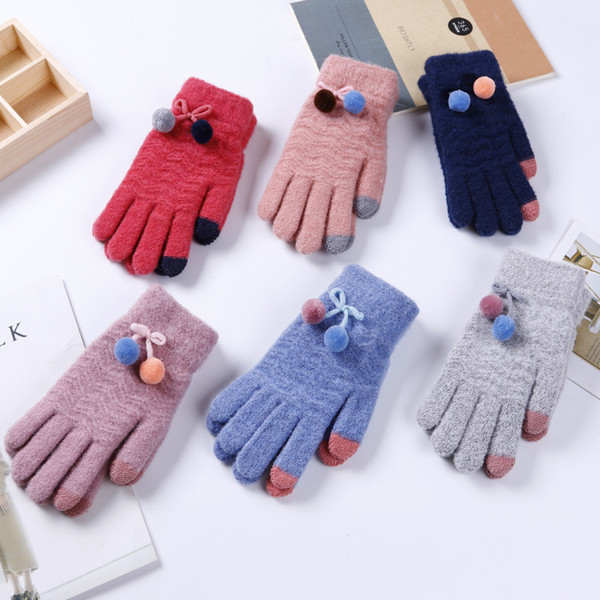 Winter ladies gloves cute hair ball pendant full finger gloves knitted outdoor riding warm touch screen gloves