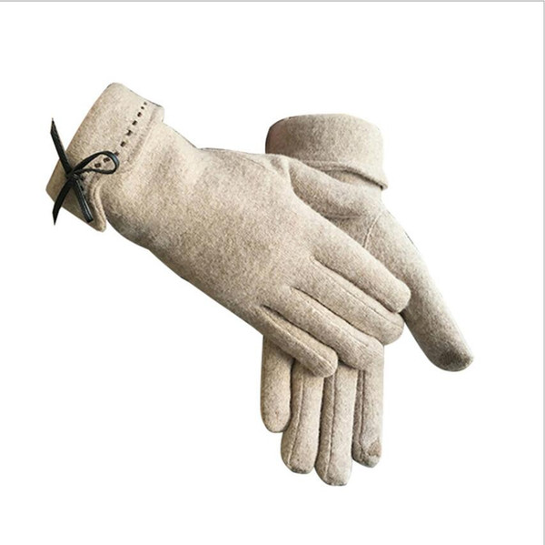 Cashmere Korean Bow Gloves Autumn and Winter Plus Velvet Thick Knitted Finger Touch Screen Warm Wool Gloves