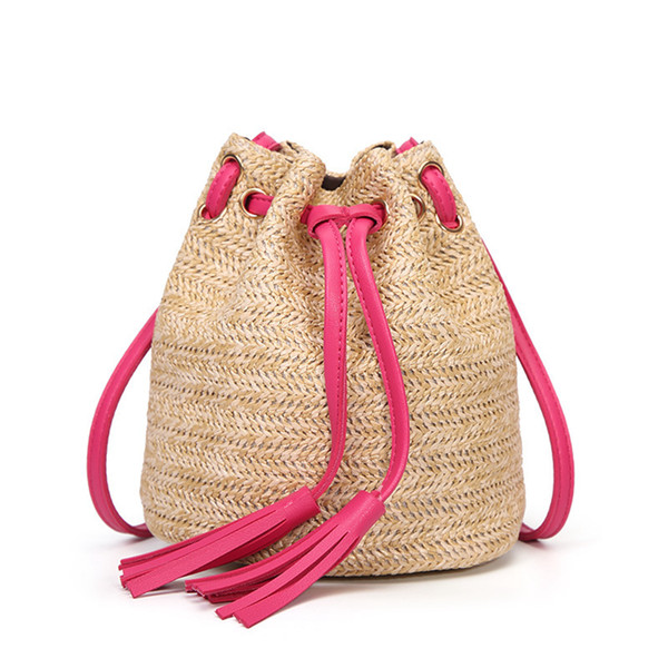 Woman Tassel Straw Beach Bag Outdoor Lady Fresh Handbag Causal Crossbody Woven Travel Bag Double Tassel Bucket TA-TA616