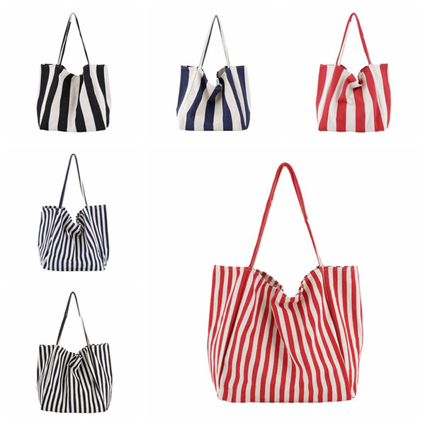 Women Canvas Striped Shopping Bag Vintage Ladies Casual Shoulder Bag Foldable Reusable Cotton Bag Female Tote Handbag