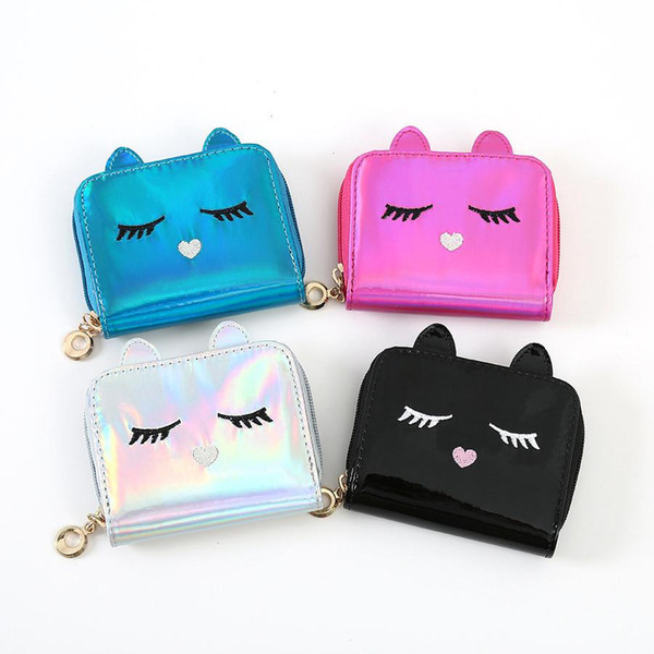 Girl Cat Laser Coin Purse Short Wallets Lady Laser Leather Small Zip Coin Card Holder Purse Clutch Cat Wallet