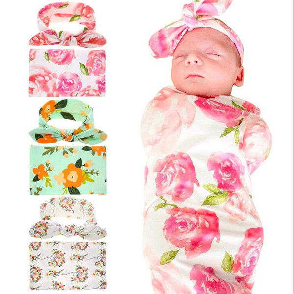 2019 Newborn Baby Swaddling Blankets with Bunny Ear Headbands Baby Floral Swaddle Wrap Blanket Hairbands Baby Cotton wrap cloth Set