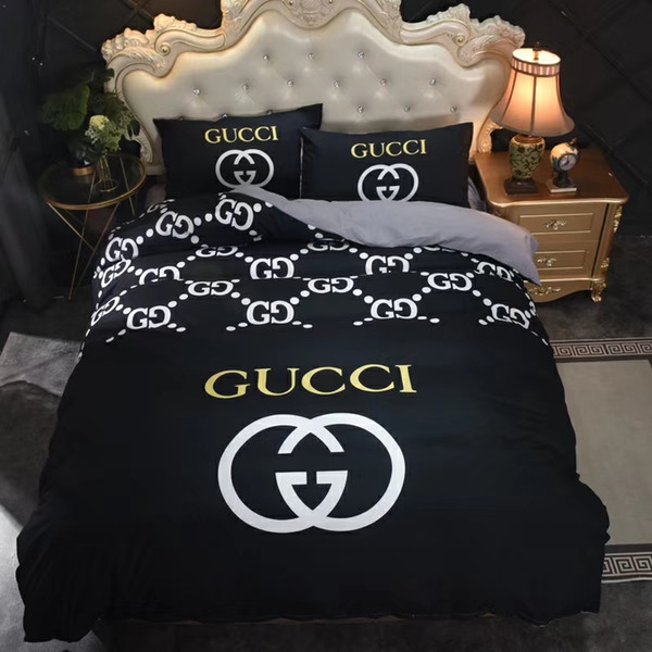 2019 European and American fashion high quality home bedding set comfortable printing letter Mocha cotton four-piece suit