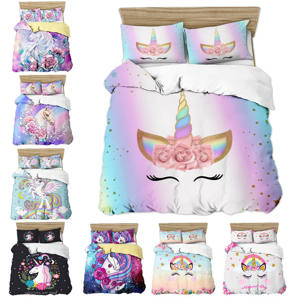 3D Kids Bedding Set Cartoon Unicorn Printed Single Twin Full Queen King Girls Guilt Cover Duvet Cover Pillow Cases Sheet Set L0215