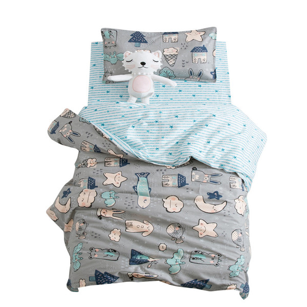 3Pcs Cute Animal Cotton Crib Bed Linen Kit Cartoon Baby Bedding Set Includes Pillowcase Bed Sheet Duvet Cover Without Filler