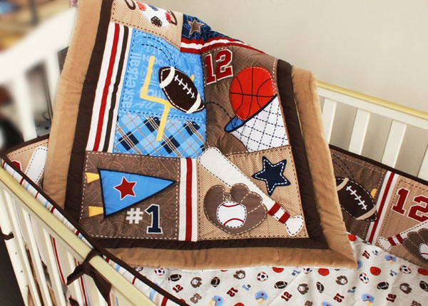 Embroidery 3D cartoon leaves basketball Letter Baby boy bedding set 100% cotton Crib bedding set Baby Quilt Bed Bumper etc Cot bedding set