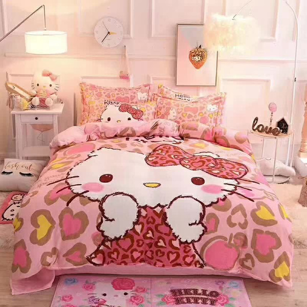 New Brand Series High Quality Crystal Baby Lint Lovely Bedding Set 4PCS Super Cute Cartoon Print Cat Designed Children's Bedding